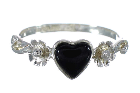Jet And Authentic Sterling Silver Heart Flower Southwestern Ring Size 7 WX60749
